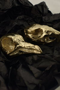 gift box containing gold rat skull and gold pigeon skull