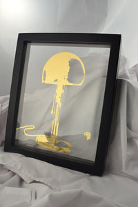 black floating frame with glass gilded with image of bauhaus standing lamp