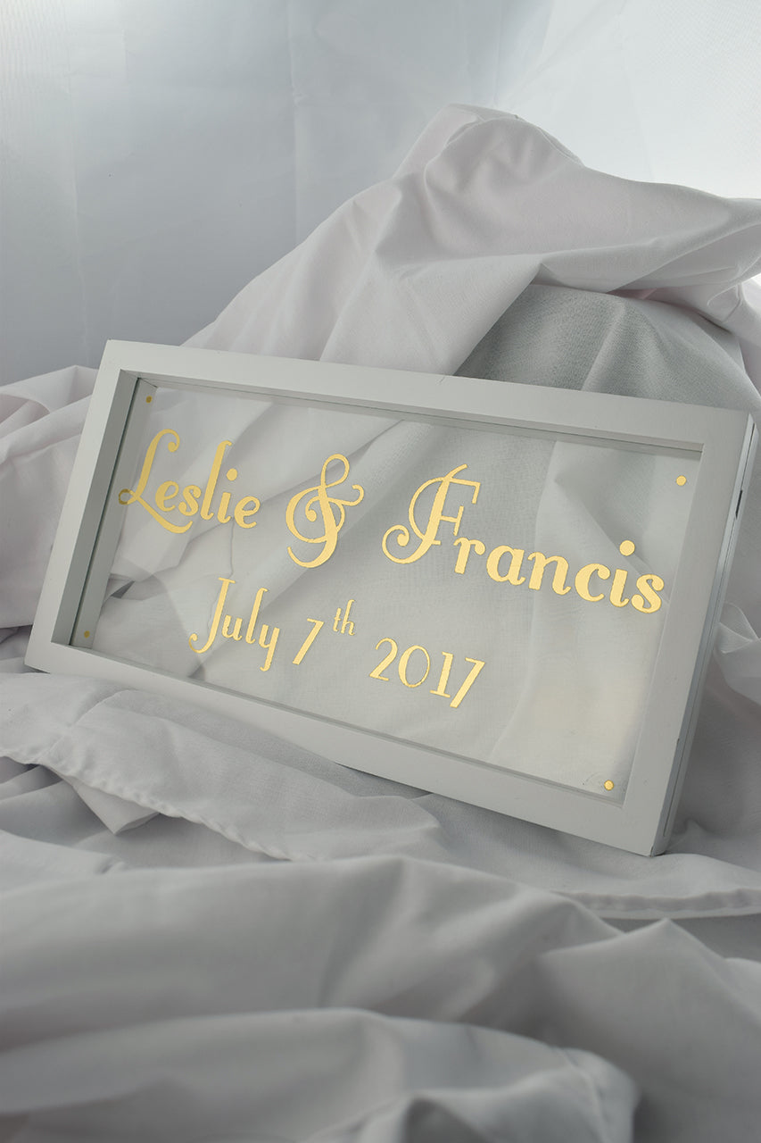 white floating frame with gilded glass, wedding gold sign